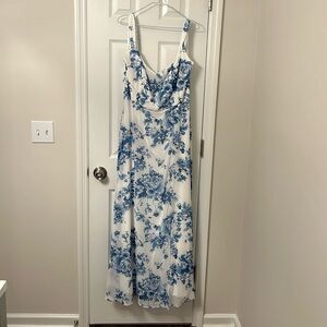 Bridesmaid dress, blue and white floral, the Dessy Group, size 20